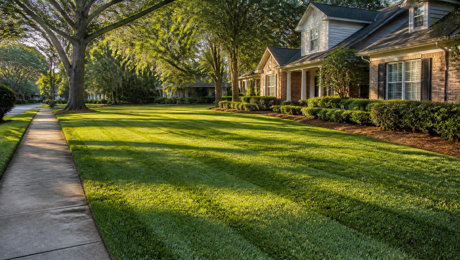 Freshly mowed and edged front lawn in Coweta County, Georgia